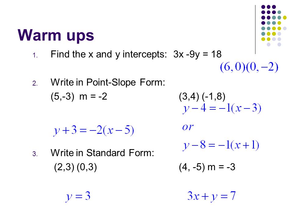 Write an equation in slope intercept form given x and y intercepts